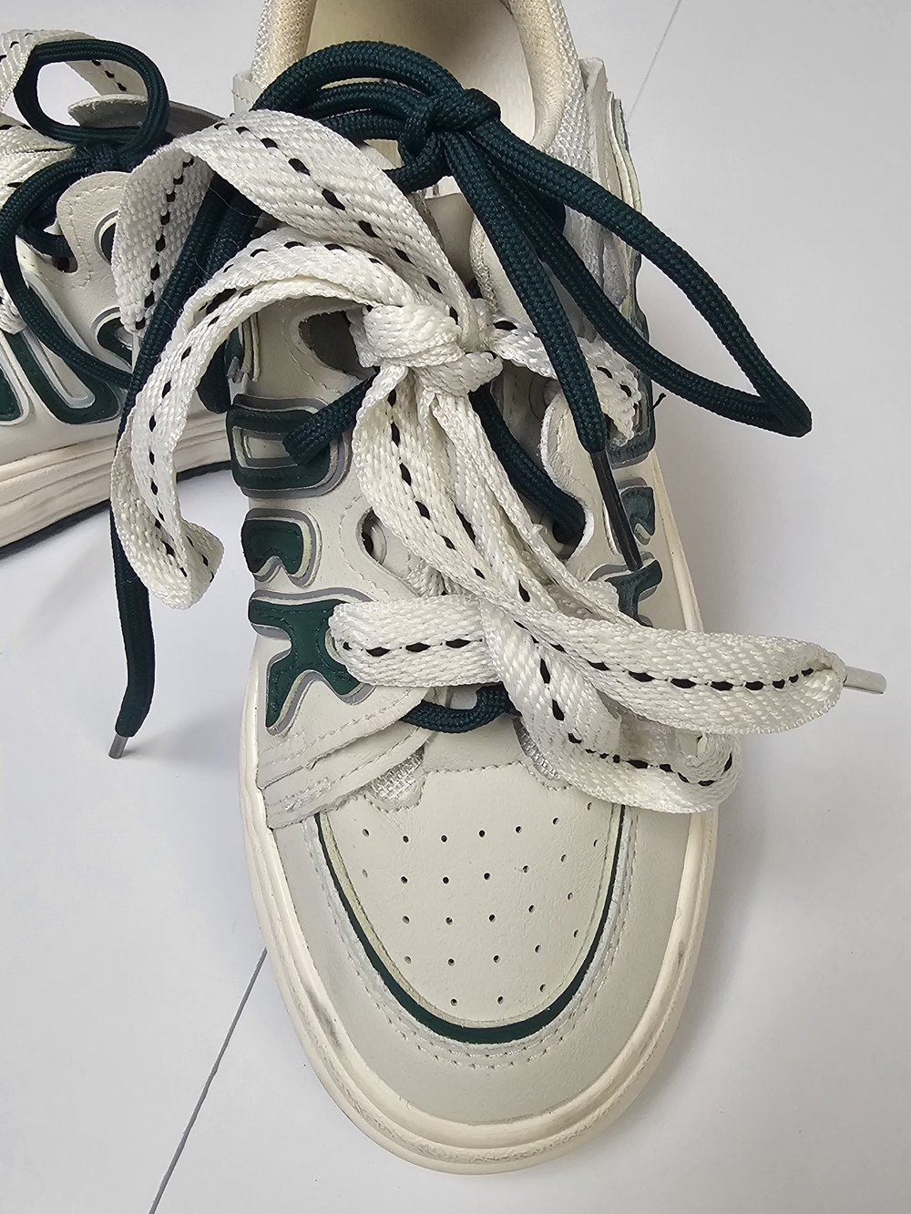 White Leather Sneakers with Dark Green Accents